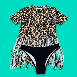Boho SHEIN Cheetah Leopard Animal Print Fringe Swimsuit Two Piece Bikini Set XL